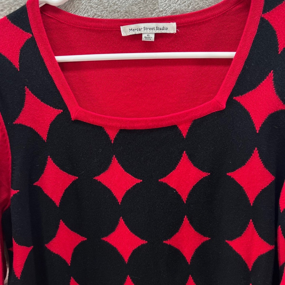 Mercer Street Studio XL Red Black Geometric Square Neck Cotton Sweater Mod Retro - Picture 2 of 7